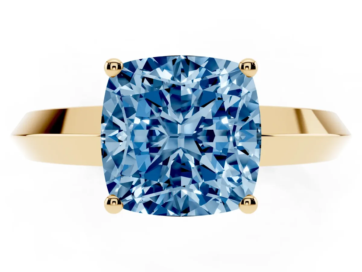Fancy Blue Cushion Cut Cut Solitaire Engagement Ring with Flat Band and Four-Prong Setting Yellow gold
