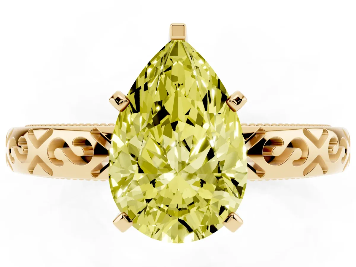 Fancy Yellow Pear Cut Solitaire Engagement Ring with Scrollwork Band and Four-Prong Setting Yellow gold