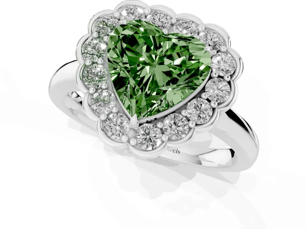 Fancy Green Heart Cut Halo Cluster Diamond Engagement Ring with Solitaire Band and Prong Setting Silver