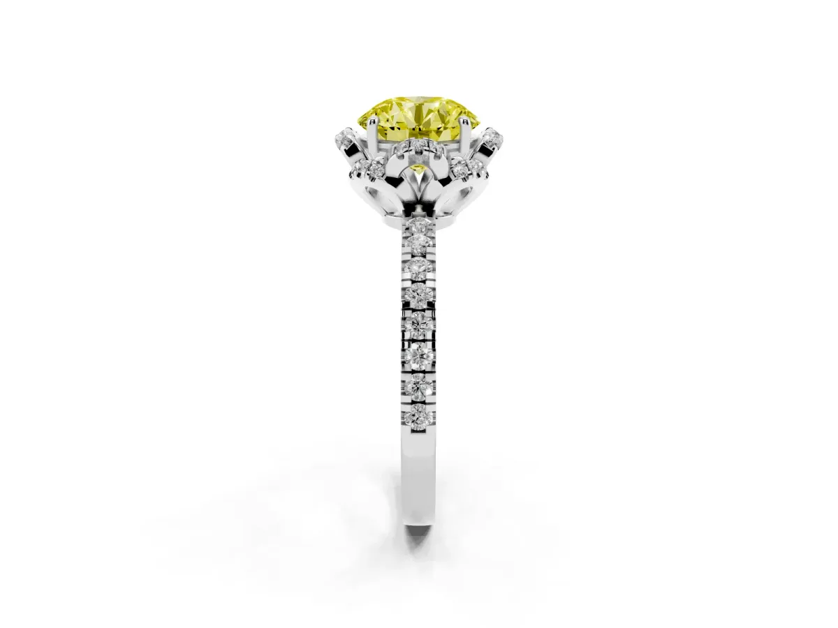 Fancy Yellow Round Cut Diamond Halo Pave Band with Four-Prong Setting Silver