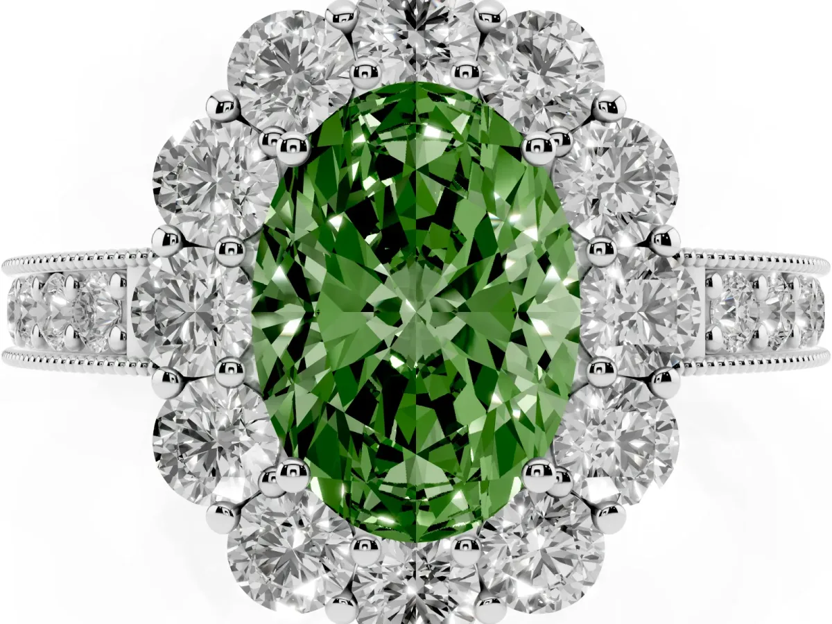 Fancy Green Oval Cut Cut Halo Diamond Pavé Engagement Ring with Milgrain Detailing Silver