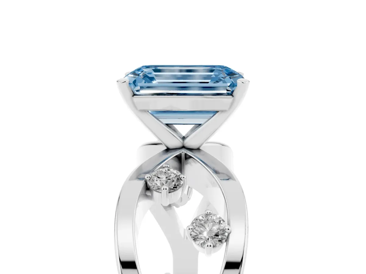 Fancy Blue Emerald Cut Cut Solitaire Diamond with Side Stones on Criss-Cross Band and Four-Prong Setting Platinum