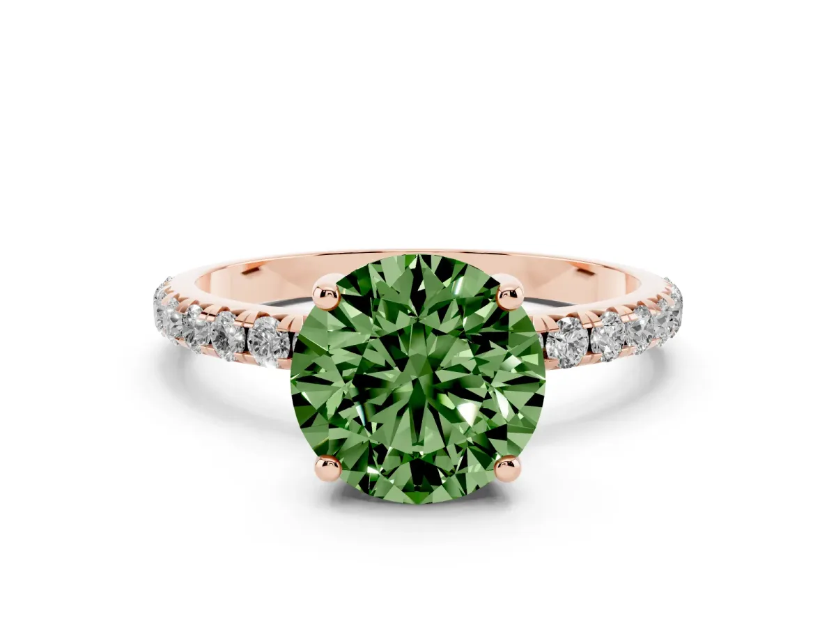 Fancy Green Round Cut Cut Diamond Solitaire Ring with Micro Pave Band and Four Prong Setting Rose gold