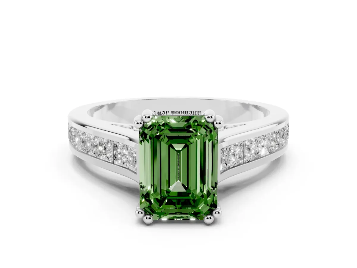 Fancy Green Emerald Cut Cut Channel Set Solitaire Engagement Ring with Prong Setting White gold