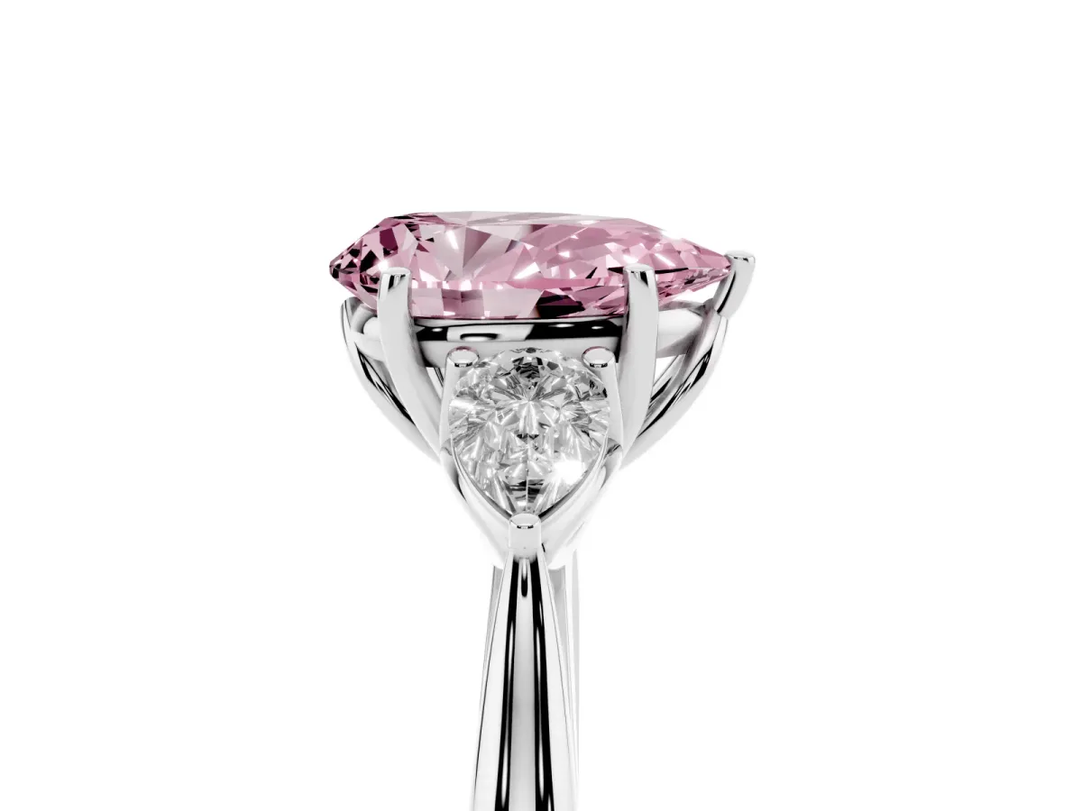 Fancy Pink Three-Stone Pear Cut Diamond Ring with Pear Side Stones in Four-Prong Setting Silver