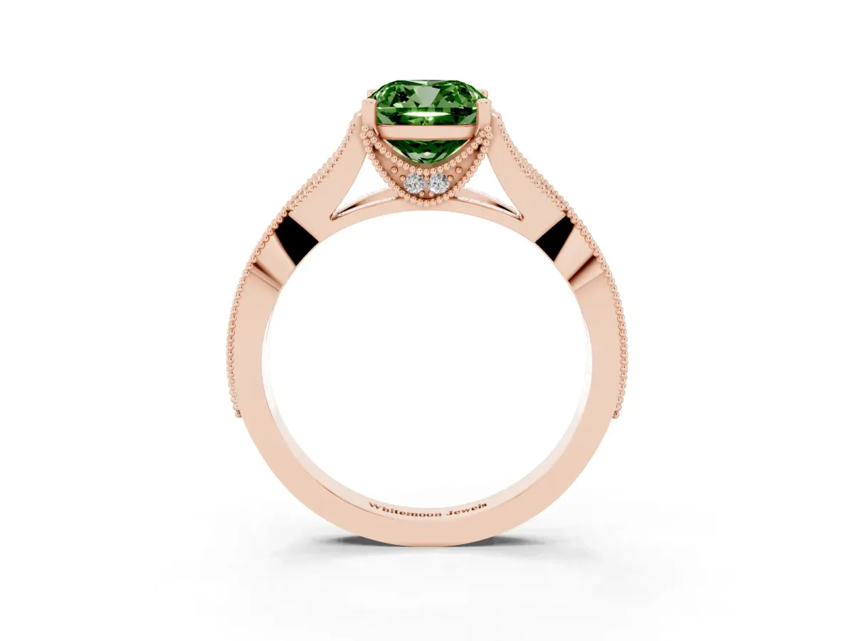 Fancy Green Cushion Cut Cut Diamond Twisted Band with Milgrain Pave Setting and Four-Prong Setting Rose gold