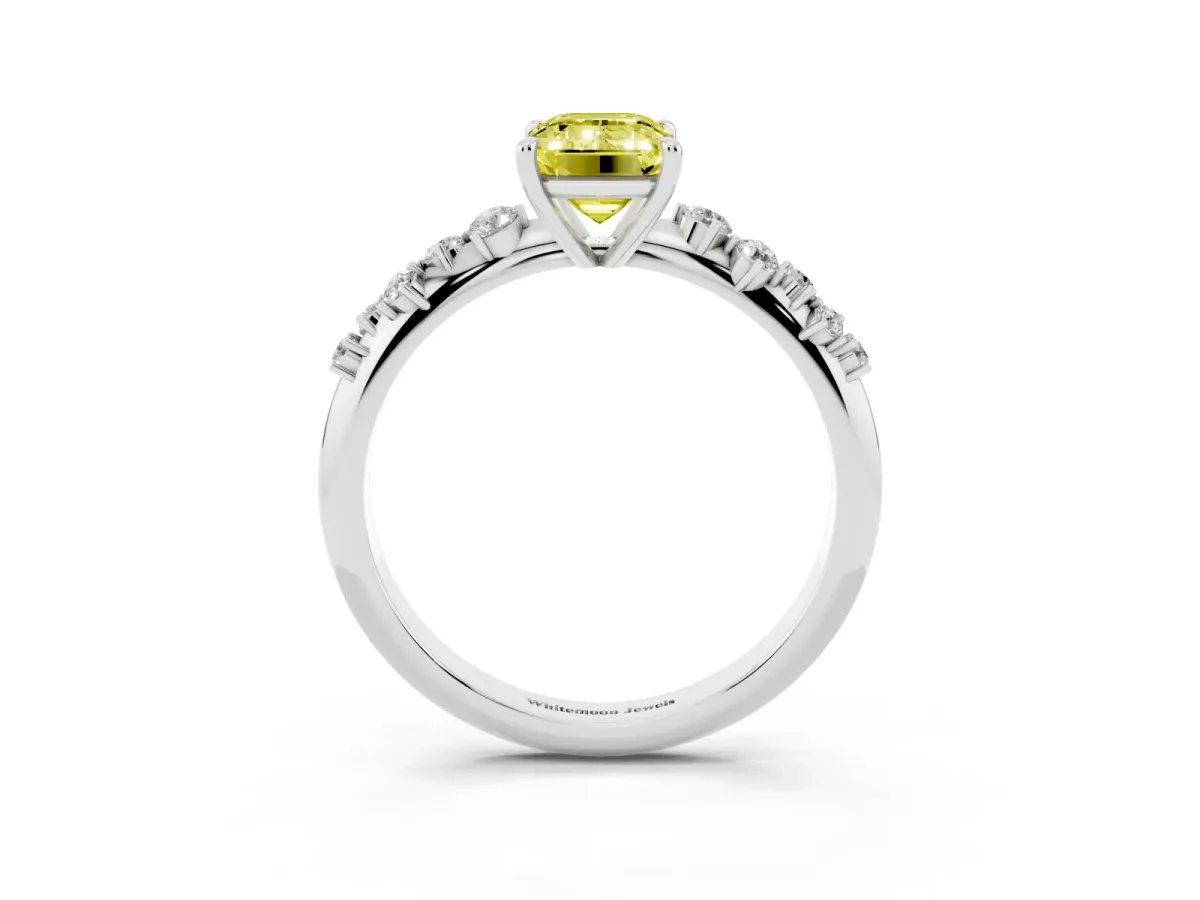 Fancy Yellow Emerald Cut Diamond Cluster Side Stone Solitaire Ring with Prong Setting Silver