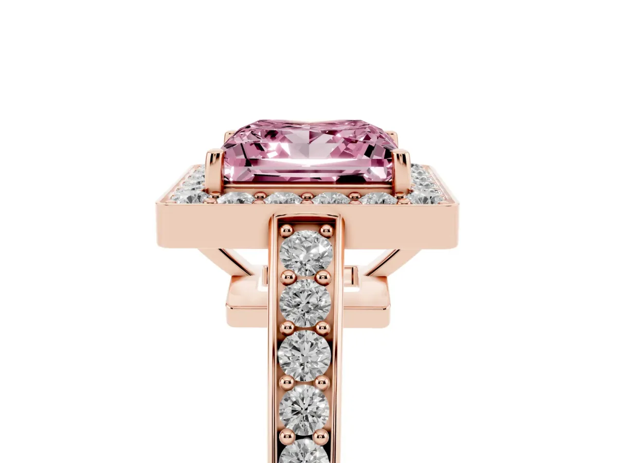 Fancy Pink Princess Cut Halo Pavé Diamond Engagement Ring with Bezel Setting Rose gold