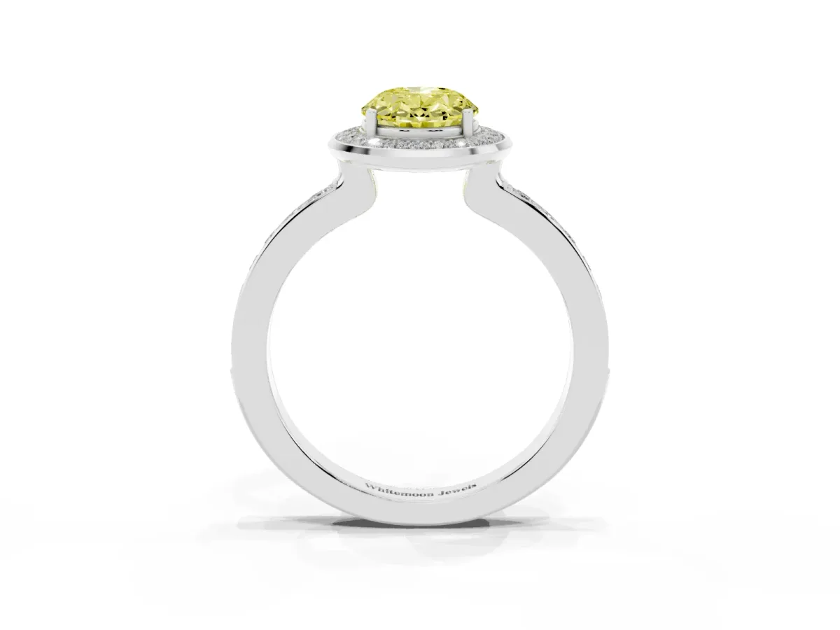 Fancy Yellow Oval Cut Diamond Halo Ring with Bezel Frame and Pavé Band Silver