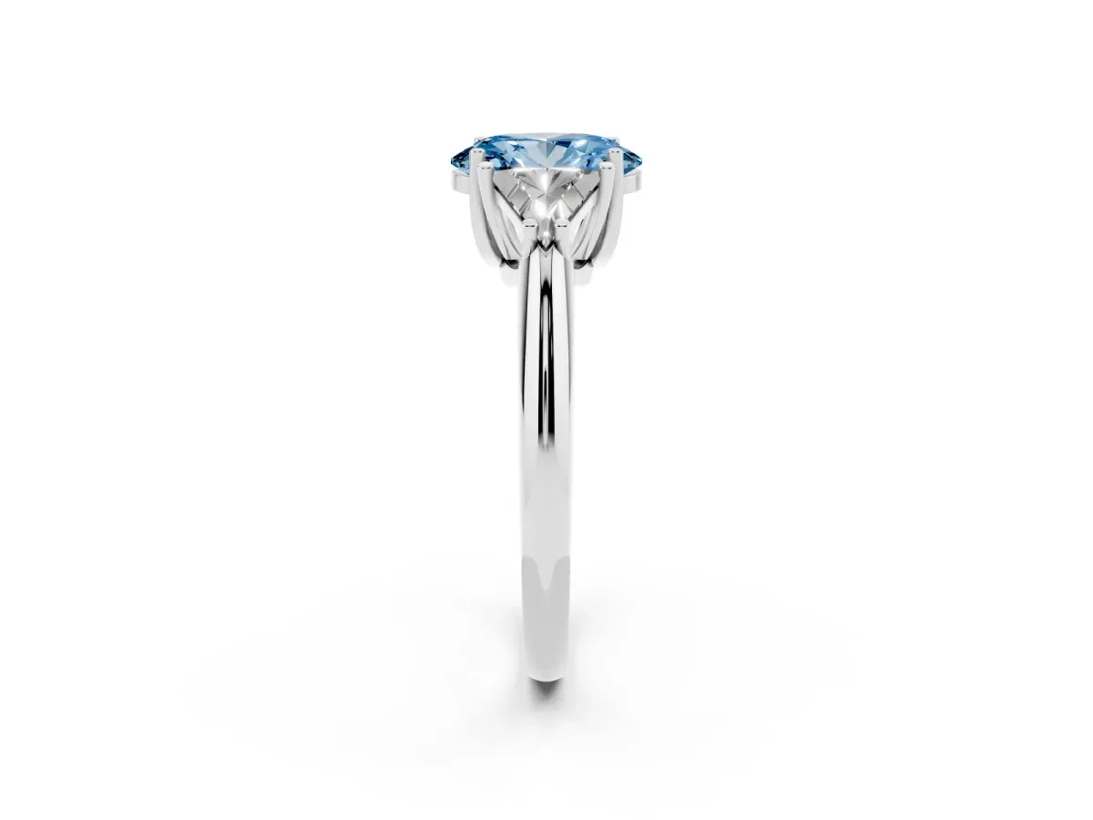 Fancy Blue Three-Stone Oval Cut Diamond Engagement Ring with Trillion Side Stones and Prong Setting Silver