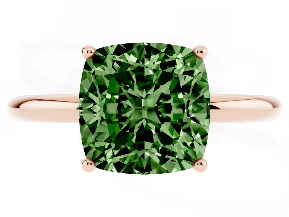 Fancy Green Cushion Cut Solitaire Diamond Ring with a Classic Band and Four-Prong Setting Rose gold