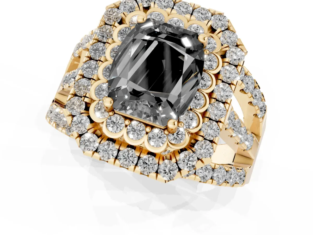 Fancy Black Emerald Cut Diamond Double Halo Ring with Round Pavé Split Shank and Prong Setting Yellow gold