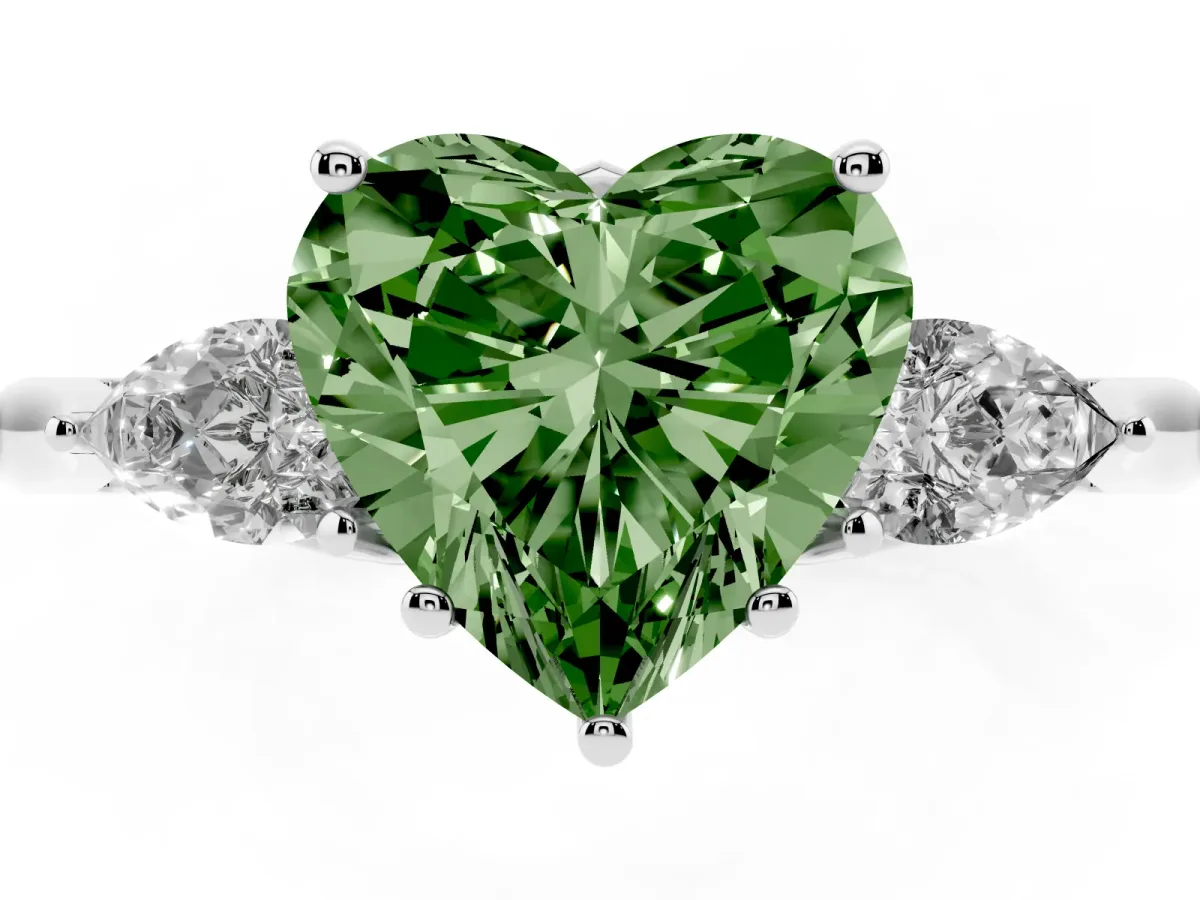 Fancy Green Three-Stone Heart Cut Diamond Ring with Pear Side Stones in Four-Prong Setting Platinum