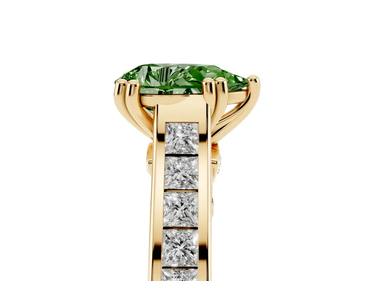 Fancy Green Pear Cut Cut Channel Set Solitaire Engagement Ring with Prong Setting Yellow gold