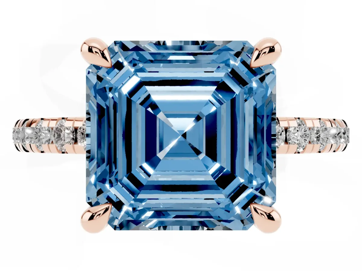 Fancy Blue Asscher Cut Diamond Brilliant Solitaire Ring with Pavé Band and Four-Prong Setting Rose gold