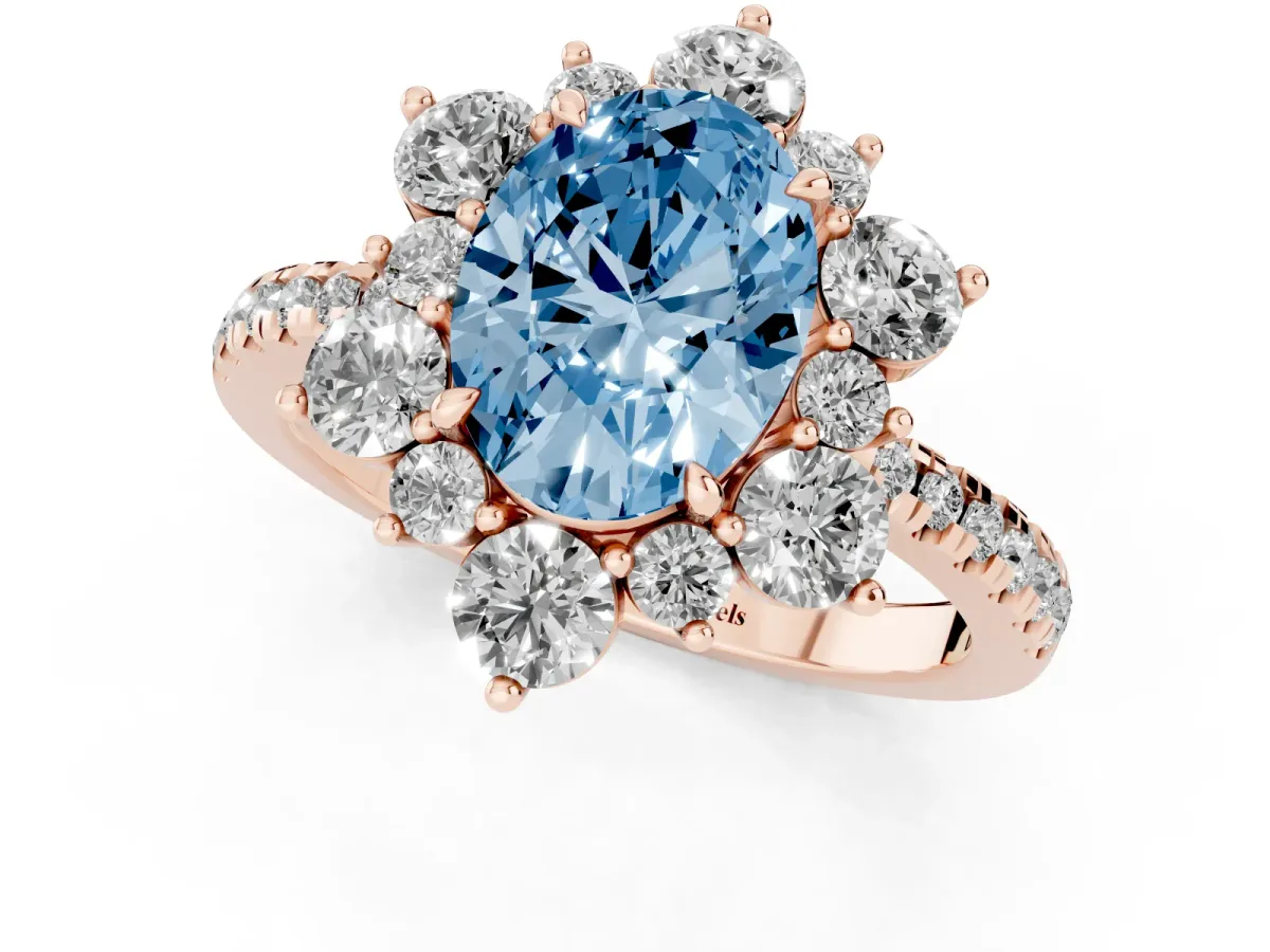 Fancy Blue Oval Cut Diamond Floral Halo Ring with Round Pavé Band and Prong Setting Rose gold