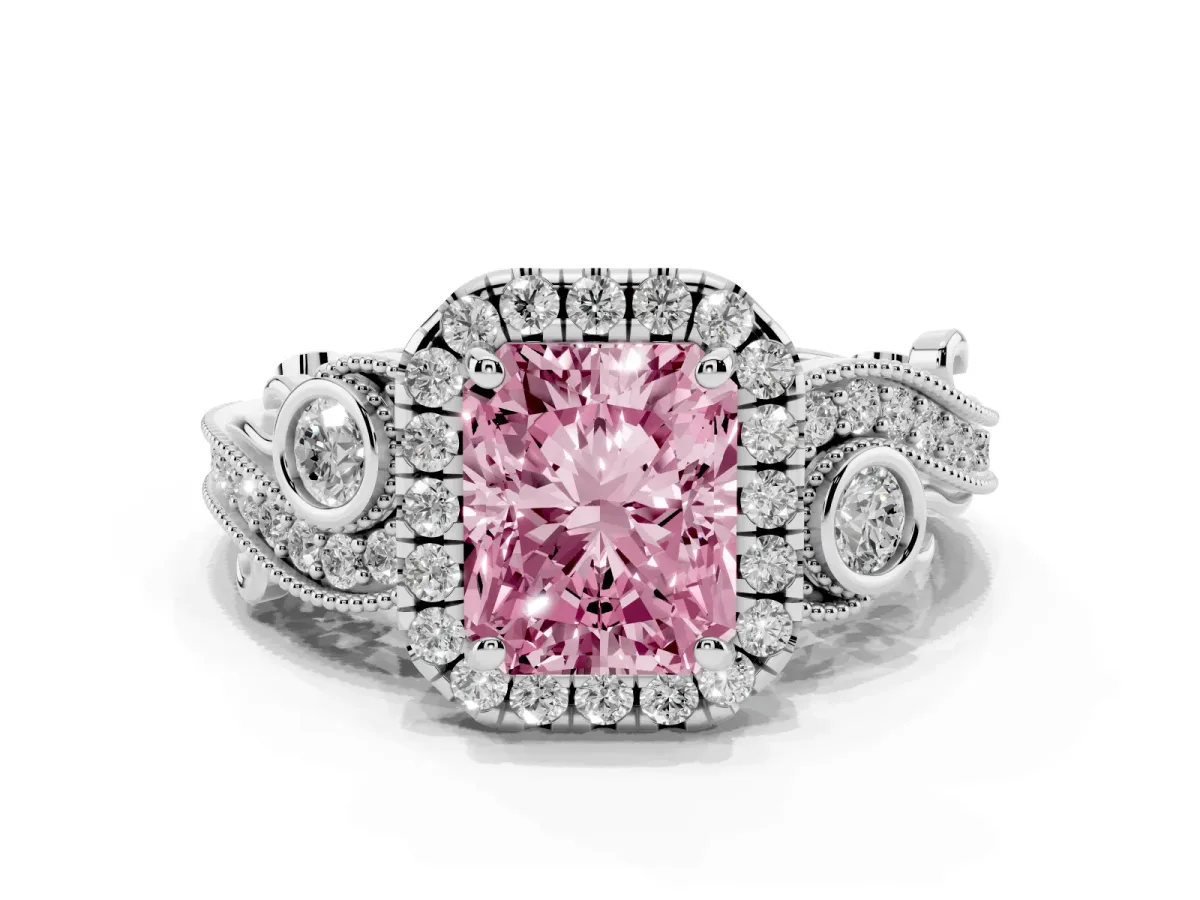 Fancy Pink Radiant Cut Diamond Halo Ring with Milgrain Pavé Band and Four-Prong Setting Platinum