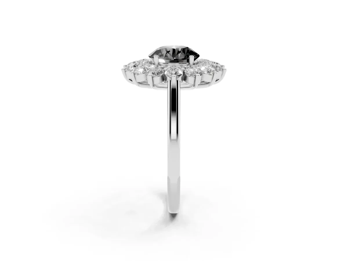 Fancy Black Round Cut Diamond Floral Double Halo Engagement Ring with Prong Setting Platinum