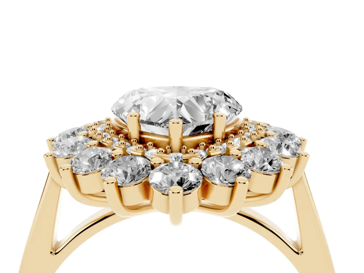 Heart Cut Diamond Floral Double Halo Engagement Ring with Prong Setting Yellow gold