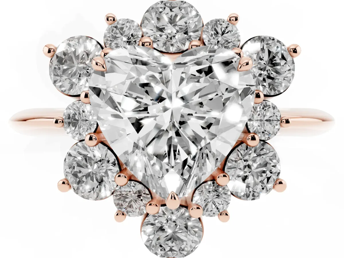Heart Cut Diamond Cluster Halo Ring with Solitaire Band and Four-Prong Setting Rose gold