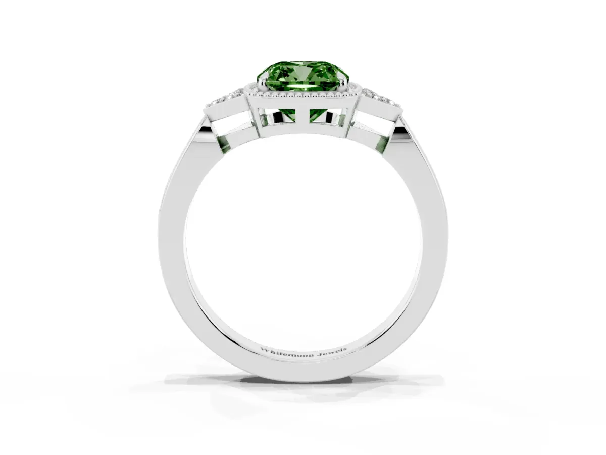 Fancy Green Hexagonal Halo Cushion Cut Diamond Solitaire with Pavé Band and Four-Prong Setting White gold