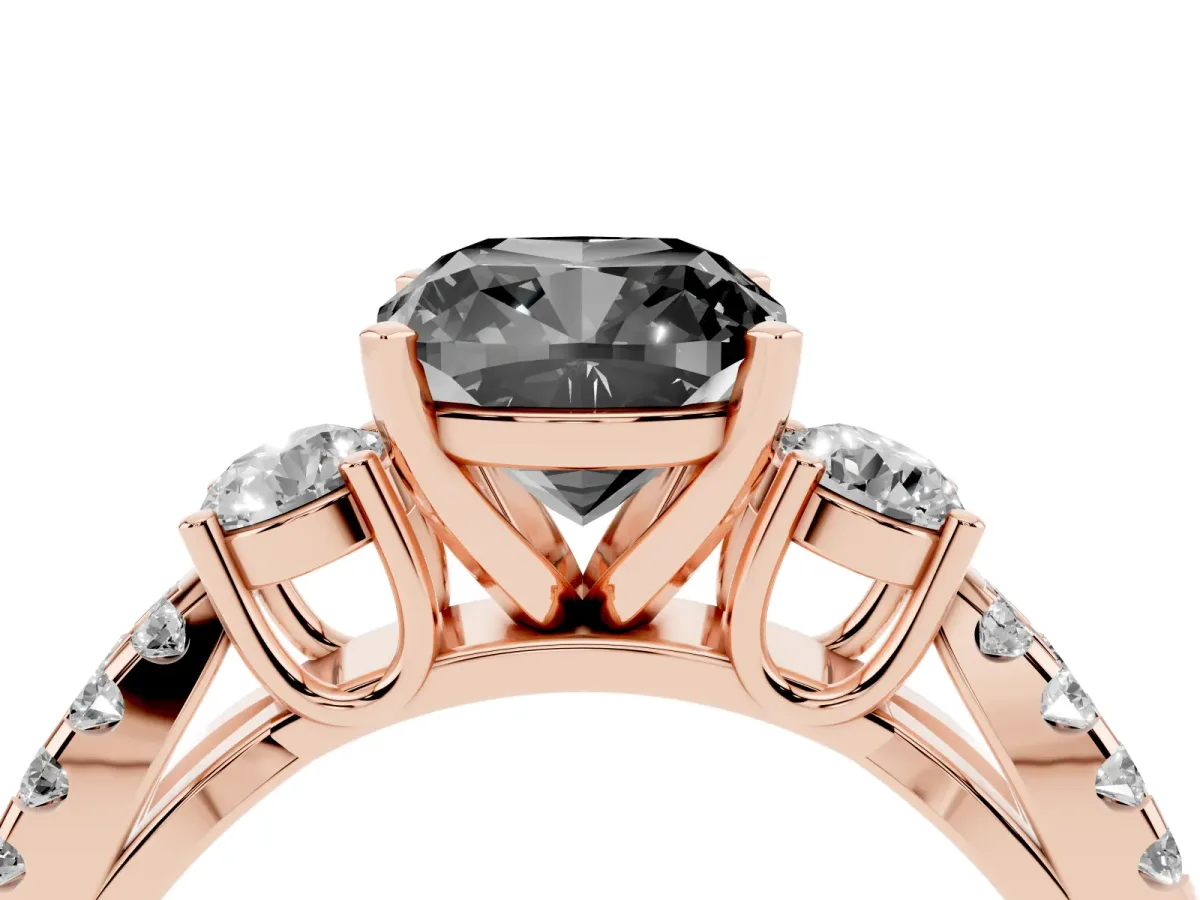 Fancy Black Cushion Cut Diamond Three-Stone Ring with Pavé Split Shank and Four-Prong Setting Rose gold