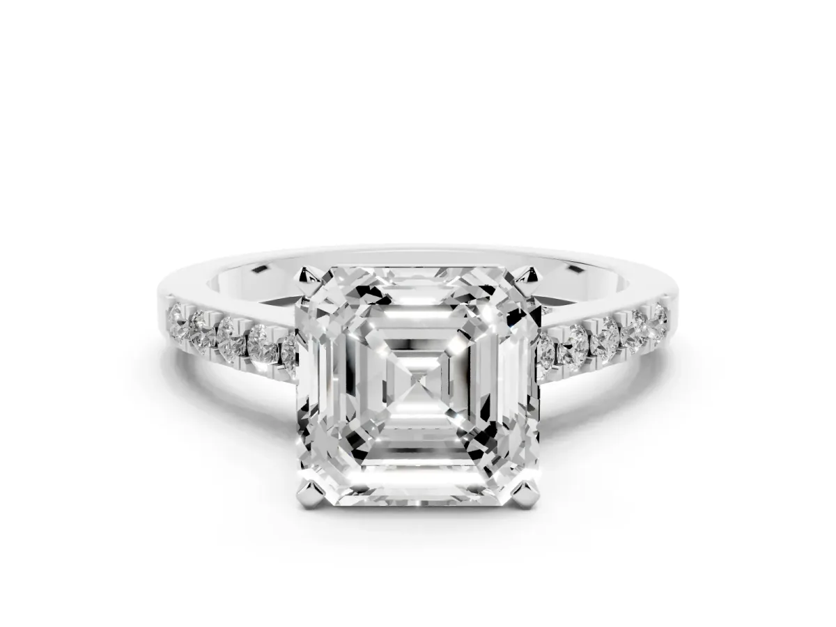 Asscher Cut Diamond Solitaire Ring with Crossover Gallery and Round Pavé Band White gold