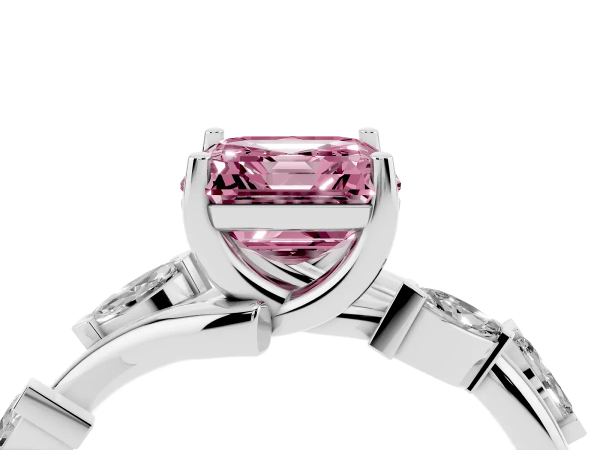 Fancy Pink Asscher Cut Solitaire Twisted Band Marquise Accent Prong Setting Ring Silver