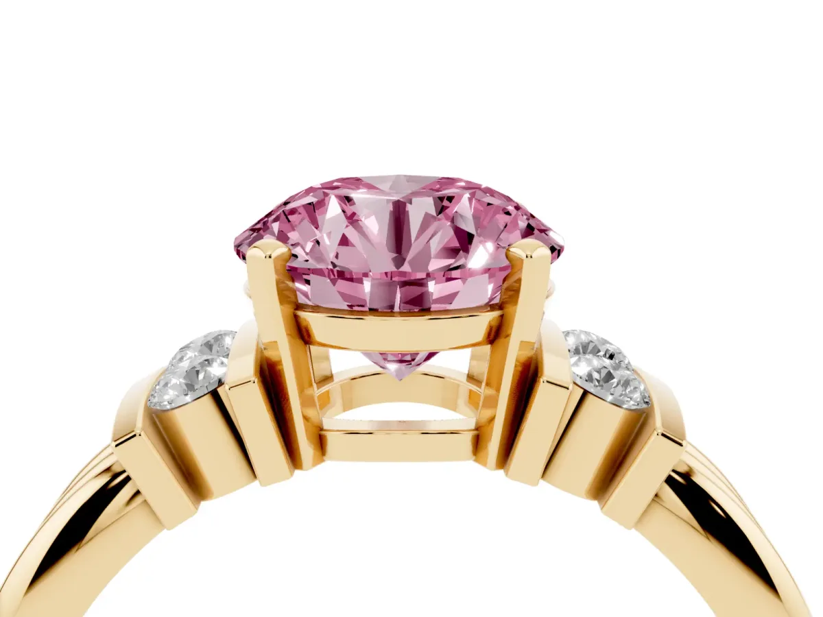 Fancy Pink Round Cut Cut Three-Stone Channel Set Ring with Bar Prongs Yellow gold