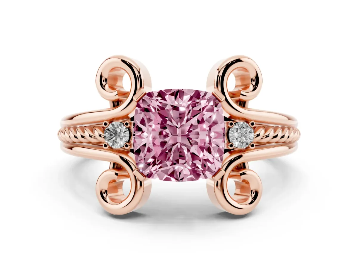 Fancy Pink Cushion Cut Solitaire Twisted Band Scroll Prong Ring Rose gold