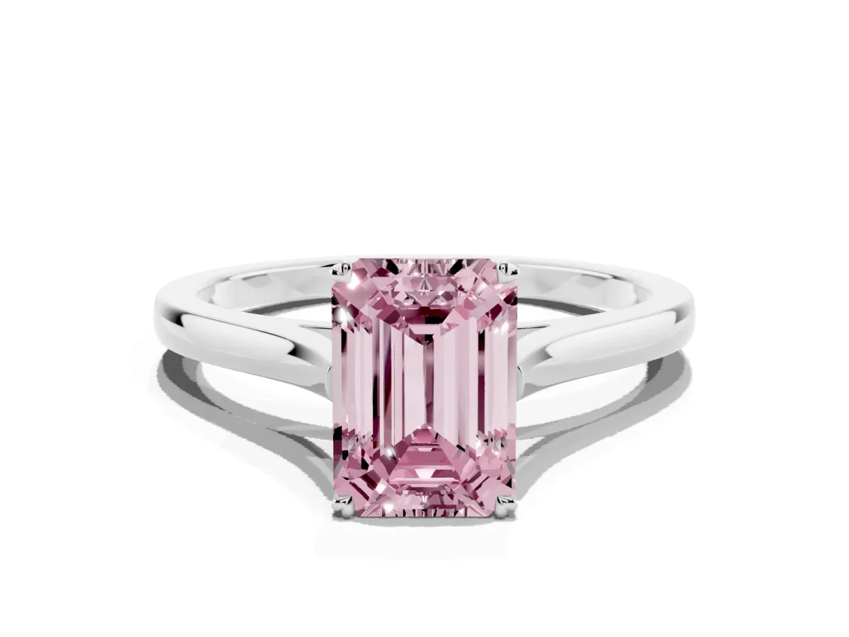 Fancy Pink Emerald Cut Solitaire Heart Prong Engagement Ring with Tapered Band White gold