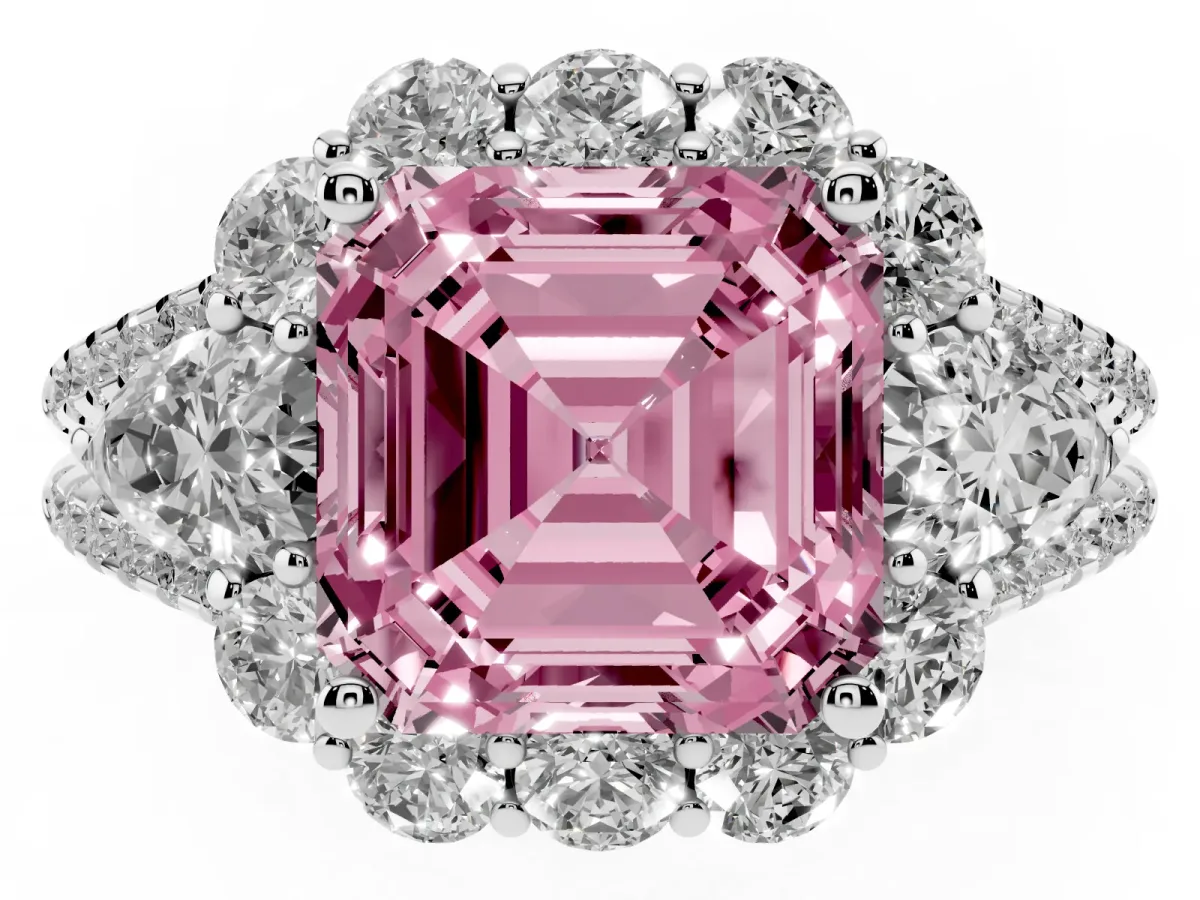 Fancy Pink Asscher Cut Halo Split Shank Diamond Engagement Ring with Prong Setting Silver