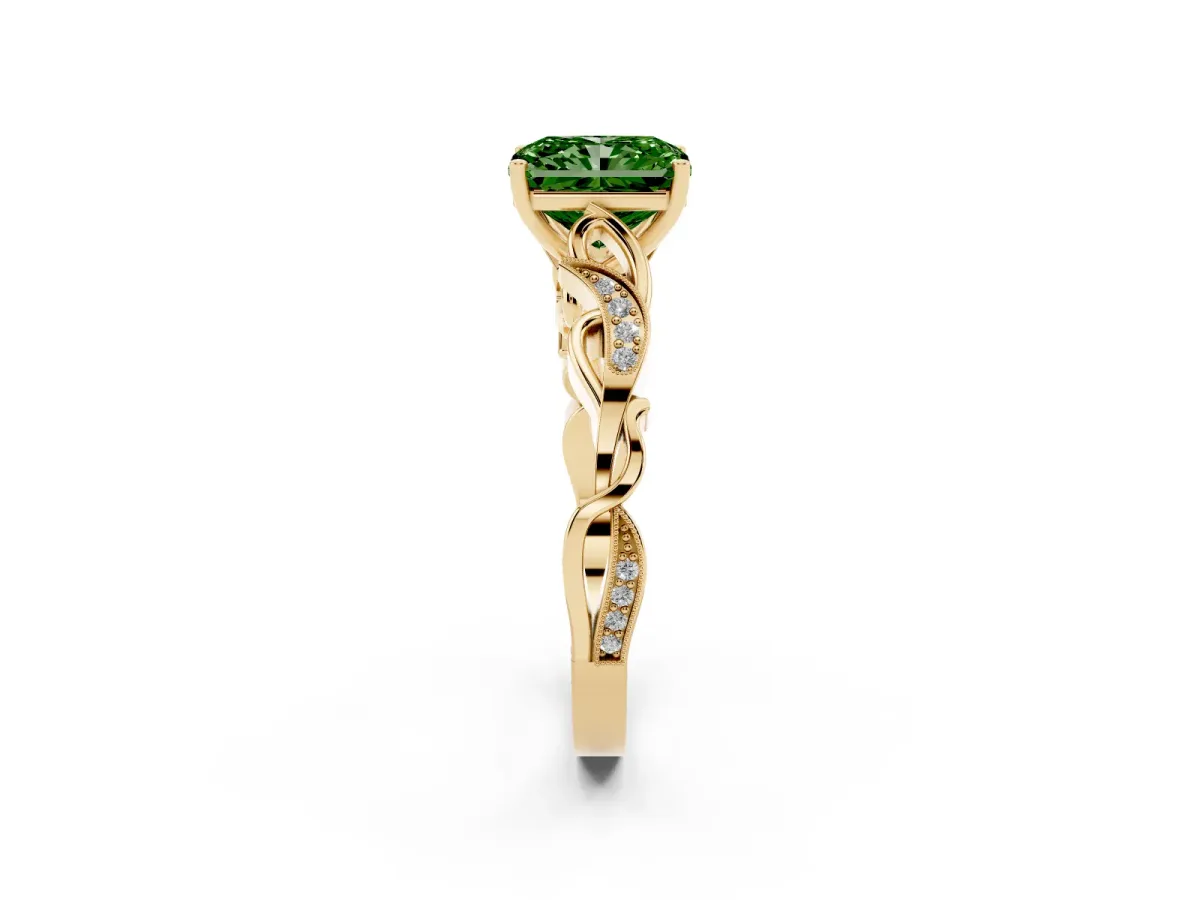 Fancy Green Radiant Cut Solitaire Vine Band with Milgrain Prong Setting Yellow gold