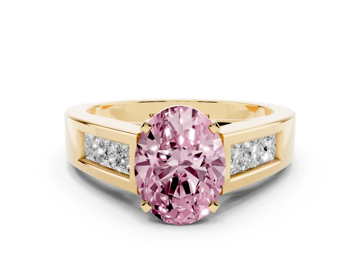 Fancy Pink Oval Cut Cut Channel Set Solitaire Ring with Four-Prong Setting Yellow gold