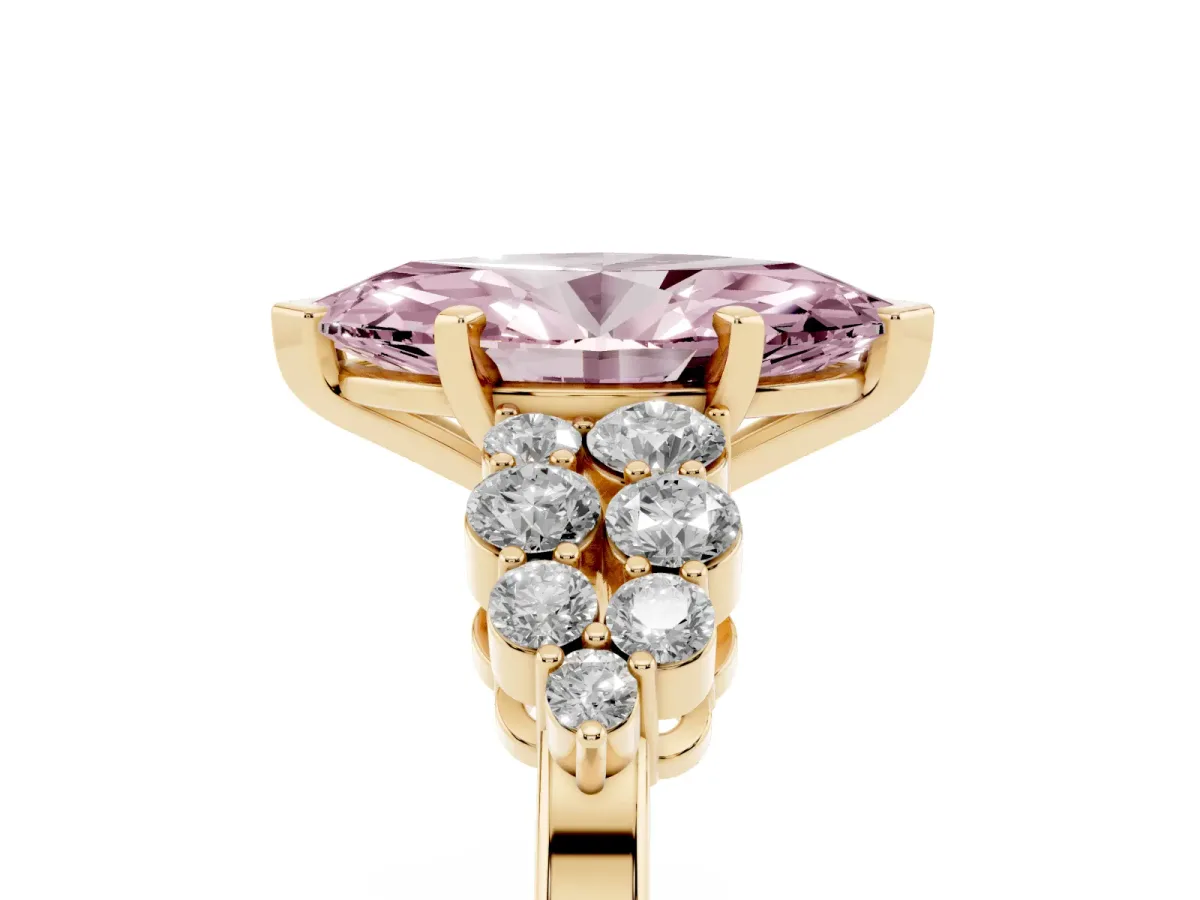 Fancy Pink Marquise Cut Cluster Diamond Engagement Ring with Pavé Band and Four-Prong Setting Yellow gold