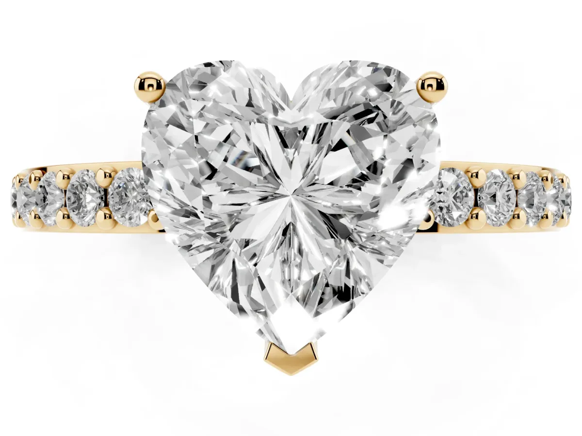 Heart Cut Cut Diamond Solitaire with Pave Band and Four-Prong Setting Yellow gold