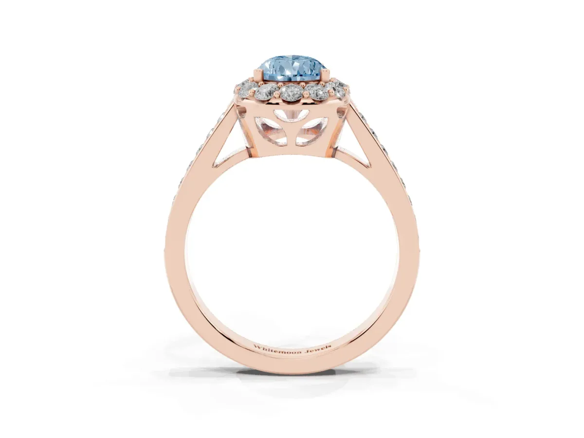 Fancy Blue Pear Cut Diamond Floral Halo Ring with Pavé Band and Prong Setting Rose gold
