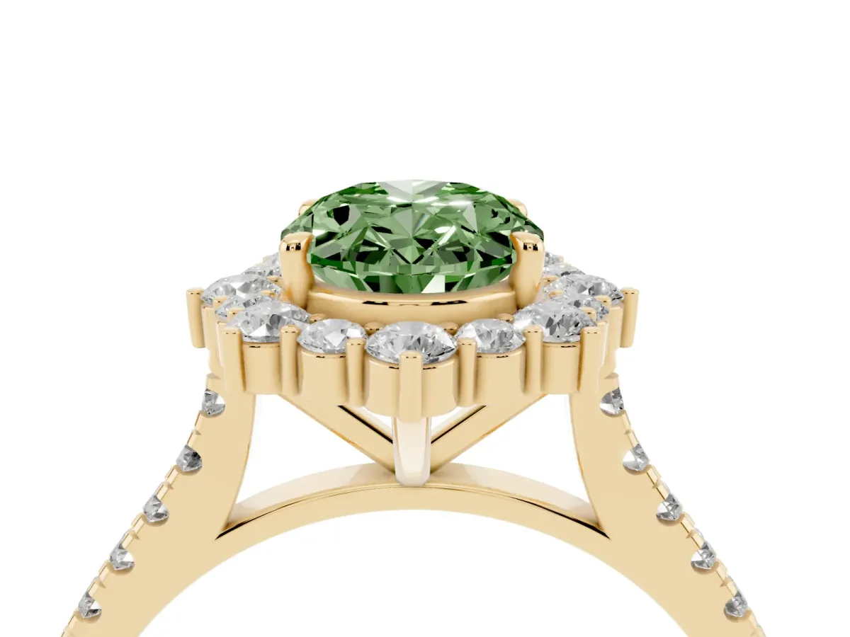 Fancy Green Oval Cut Halo Diamond Ring with Pavé Band and Prong Setting Yellow gold