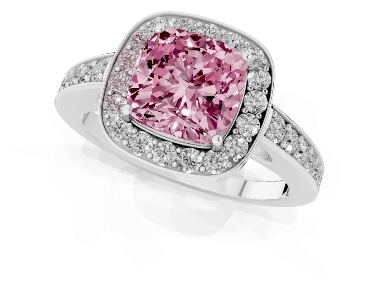 Fancy Pink Cushion Cut Halo Pavé Diamond Engagement Ring with Bezel Setting Silver