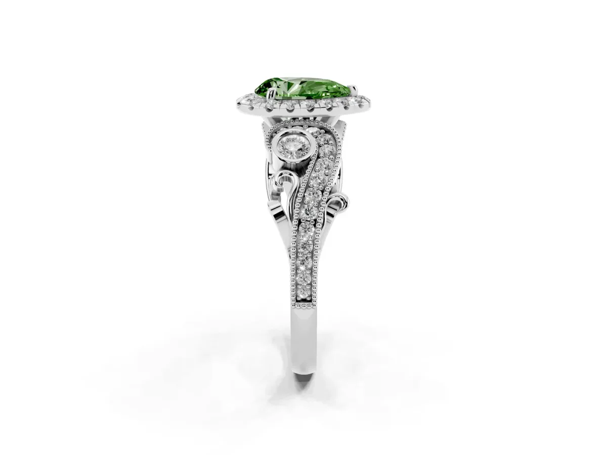 Fancy Green Pear Cut Halo Diamond Ring with Milgrain and Bezel Accents on a Split Shank Band White gold