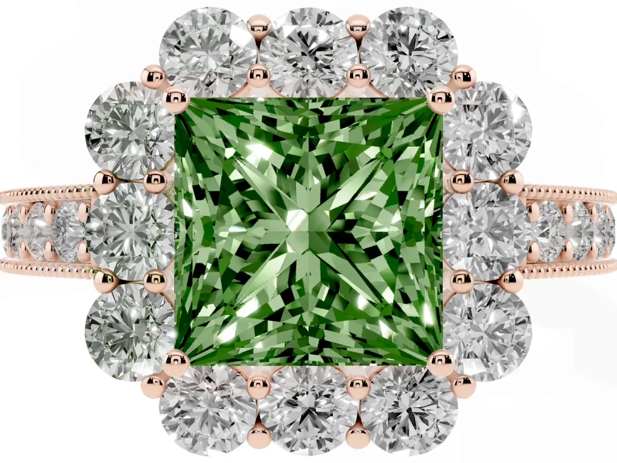 Fancy Green Princess Cut Cut Halo Diamond Pavé Engagement Ring with Milgrain Detailing Rose gold