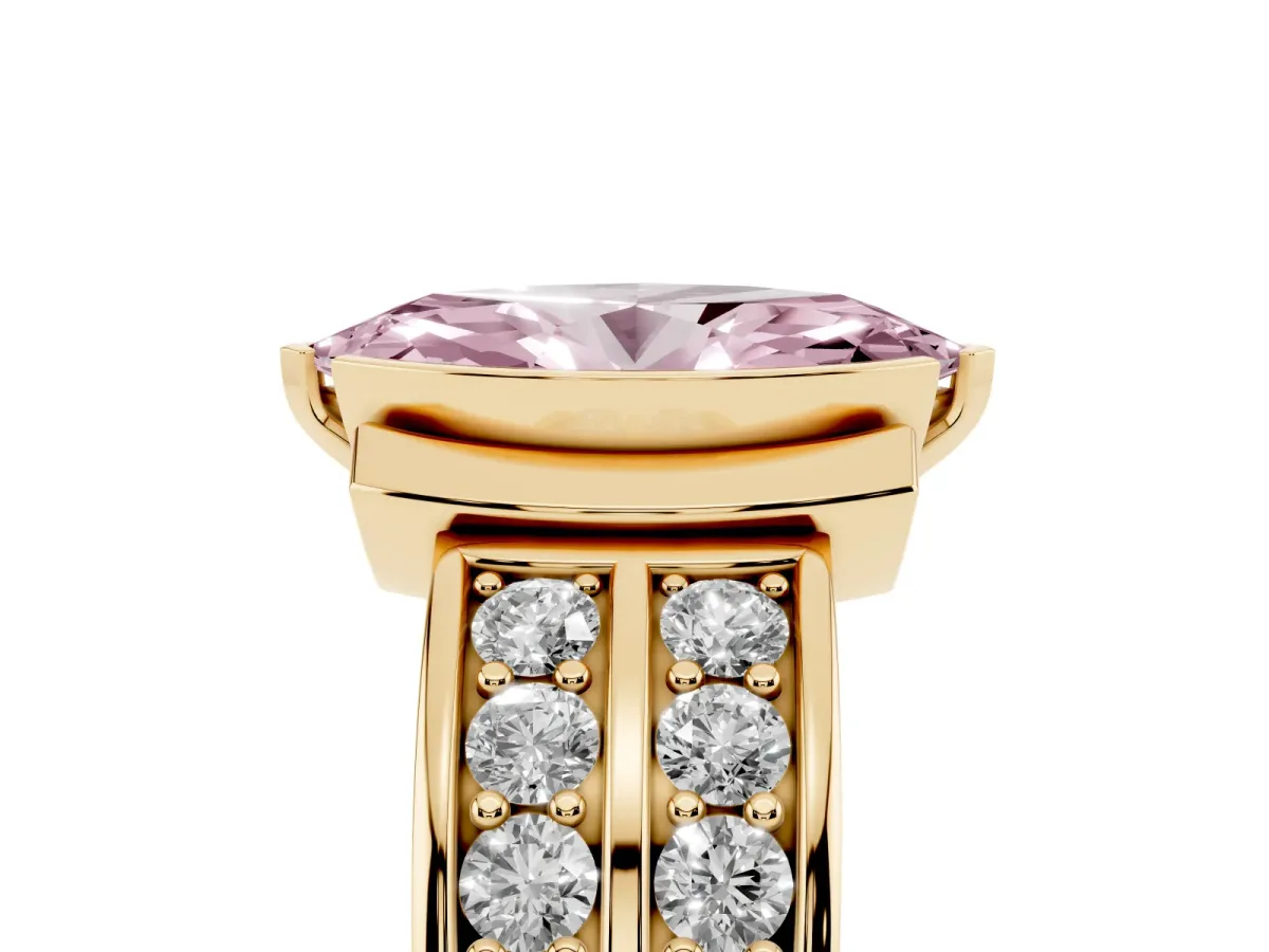Fancy Pink Marquise Cut Brilliant Diamond Channel Set Wide Band Ring with Bezel Setting Yellow gold