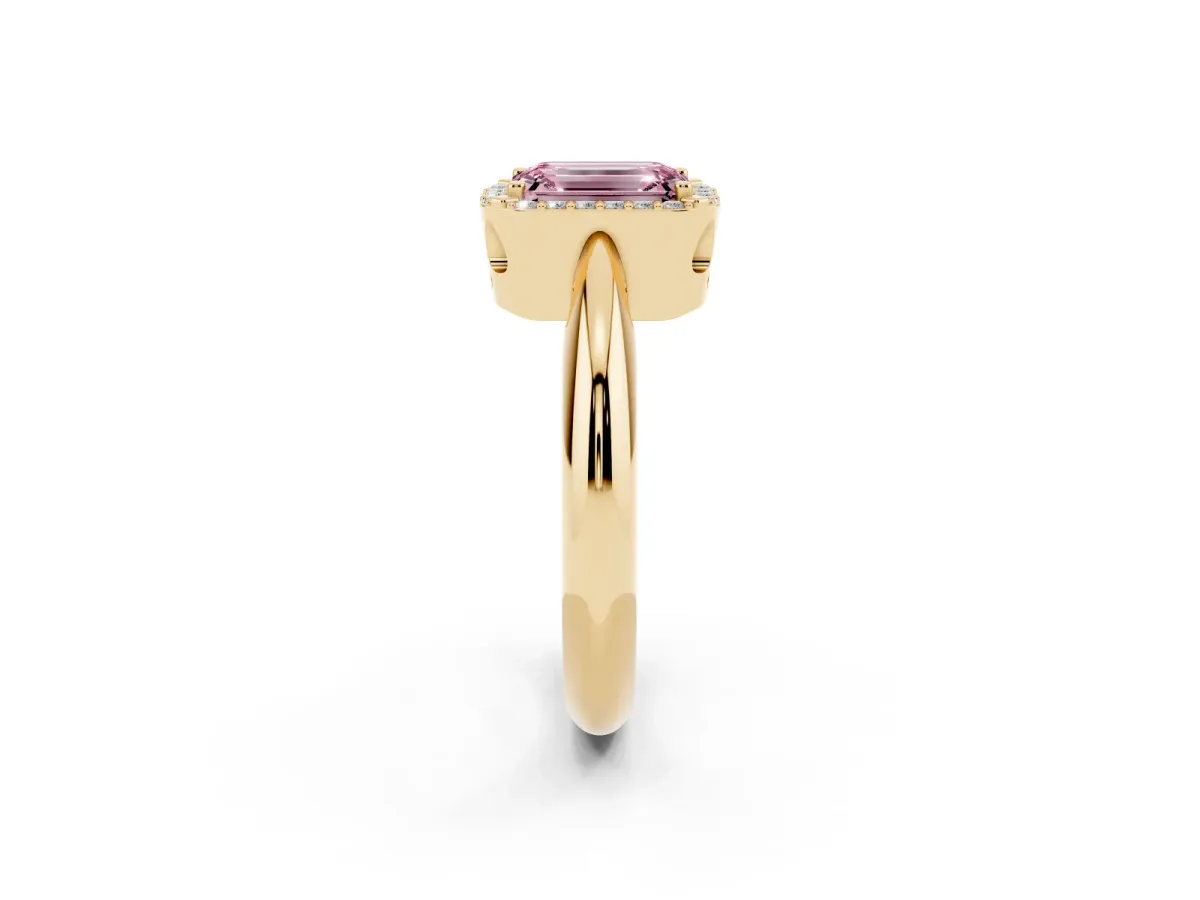 Fancy Pink Emerald Cut Cut Diamond Halo Engagement Ring with Split Shank and Four-Prong Setting Yellow gold