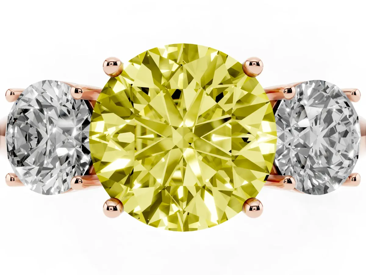 Fancy Yellow Three-Stone Round Cut Cut Diamond Engagement Ring with Prong Setting on a White Gold Band Rose gold