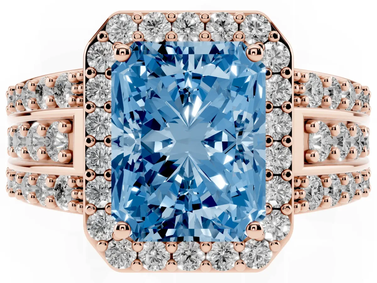 Fancy Blue Radiant Cut Halo Diamond Ring with Round Split Shank and Prong Setting Rose gold