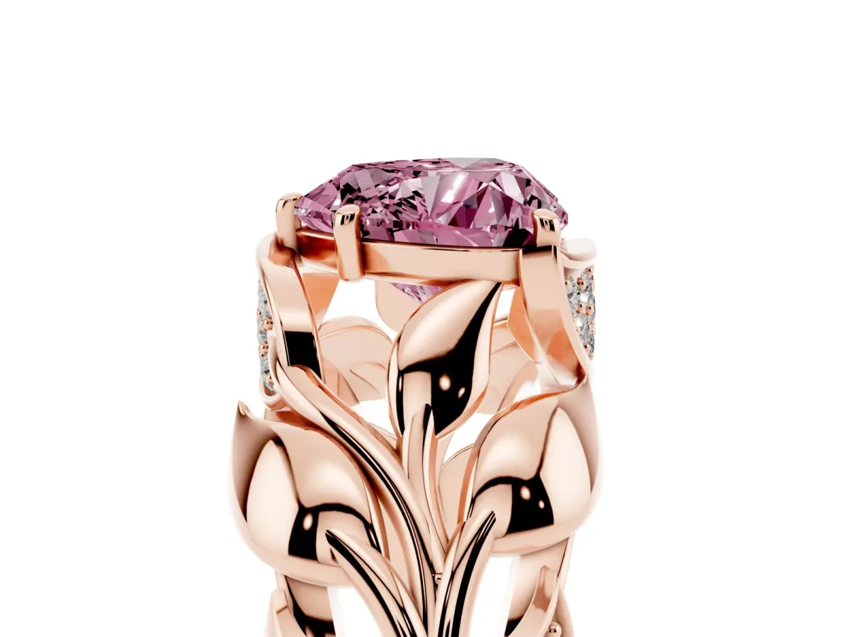 Fancy Pink Heart Cut Diamond Leaf-Inspired Engagement Ring with Round Accents and Prong Setting Rose gold