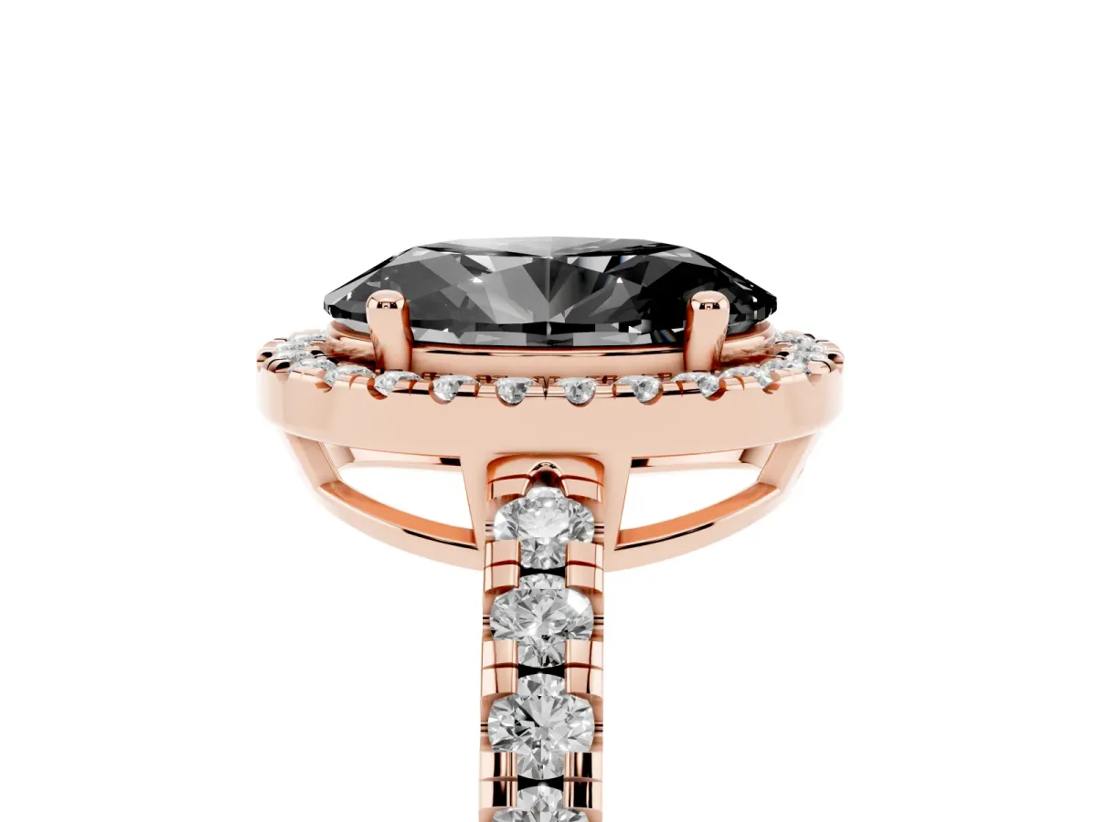 Fancy Black Oval Cut Diamond Halo Ring with Pavé Band and Four-Prong Setting Rose gold