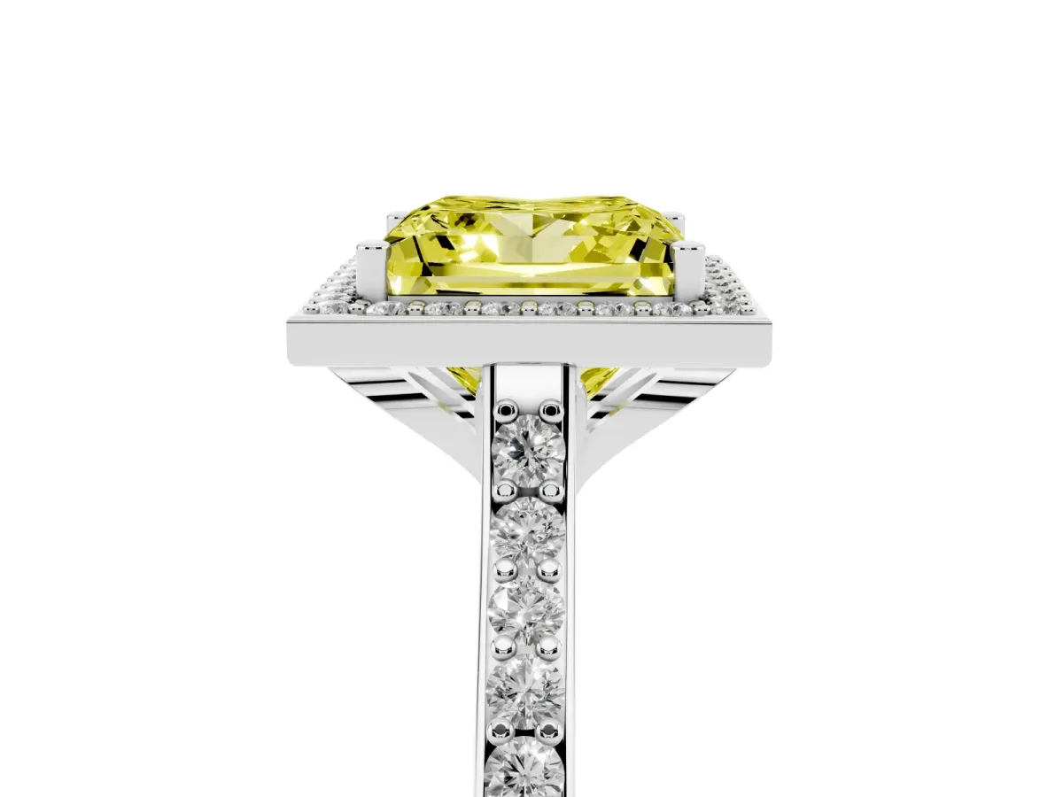 Fancy Yellow Princess Cut Diamond Halo Engagement Ring with Round Pavé Shoulders and Prong Setting Platinum