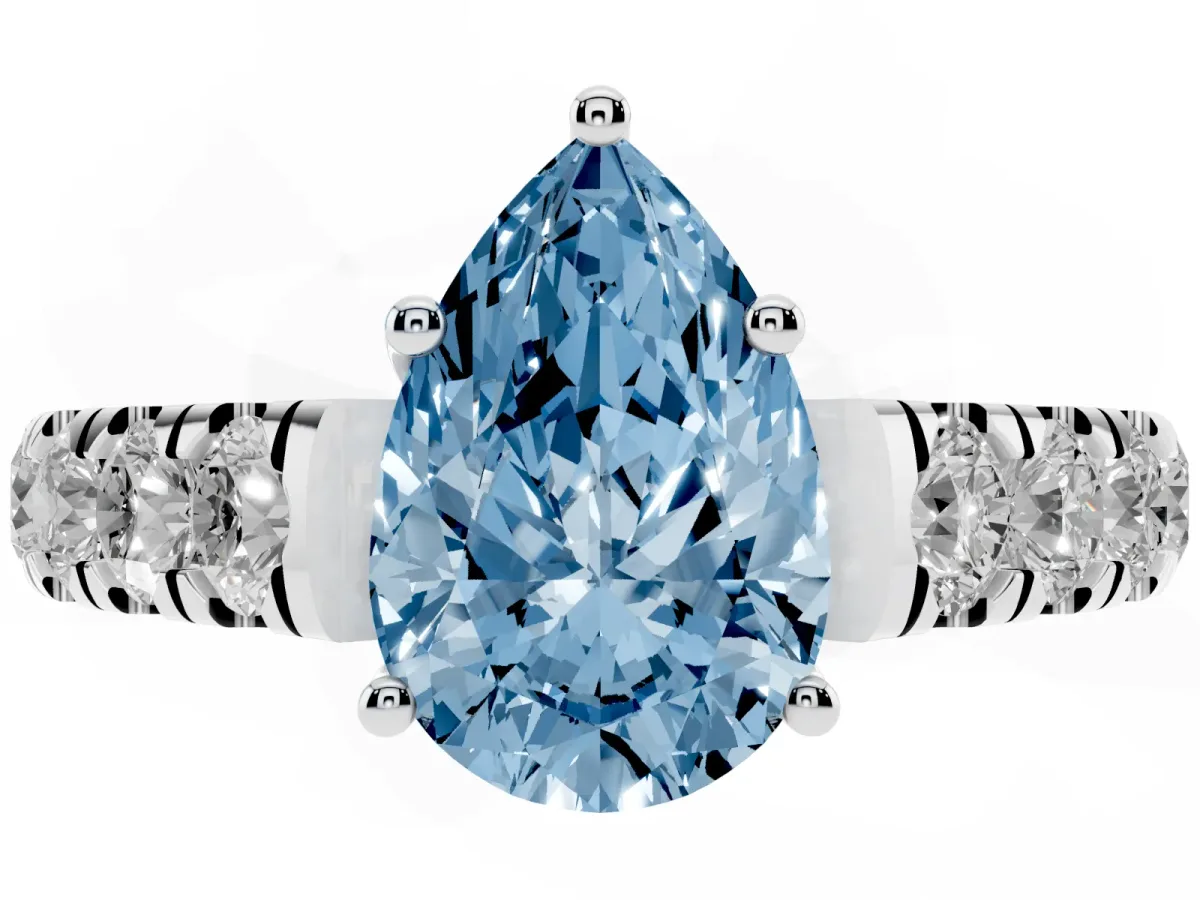Fancy Blue Pear Cut Cut Diamond Solitaire Ring with Micro Pave Band and Prong Setting Silver