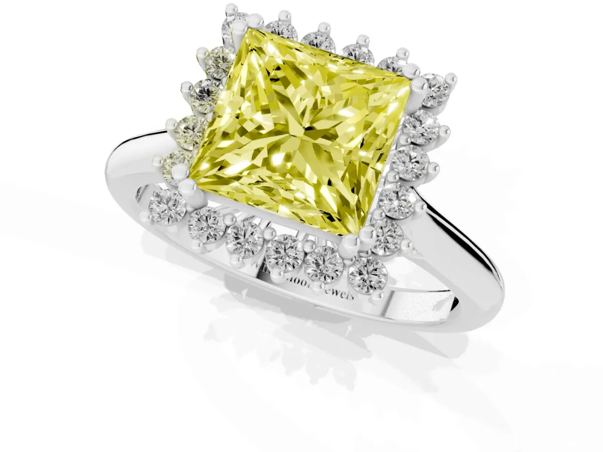 Fancy Yellow Princess Cut Cut Diamond Halo Ring with Solitaire Band and Prong Setting Silver